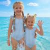 Girls One Piece Swimsuit Striped Print Sleeveless Ruffle Shoulder Swimwear Kids Summer Beachwear Bathing Suit for Children