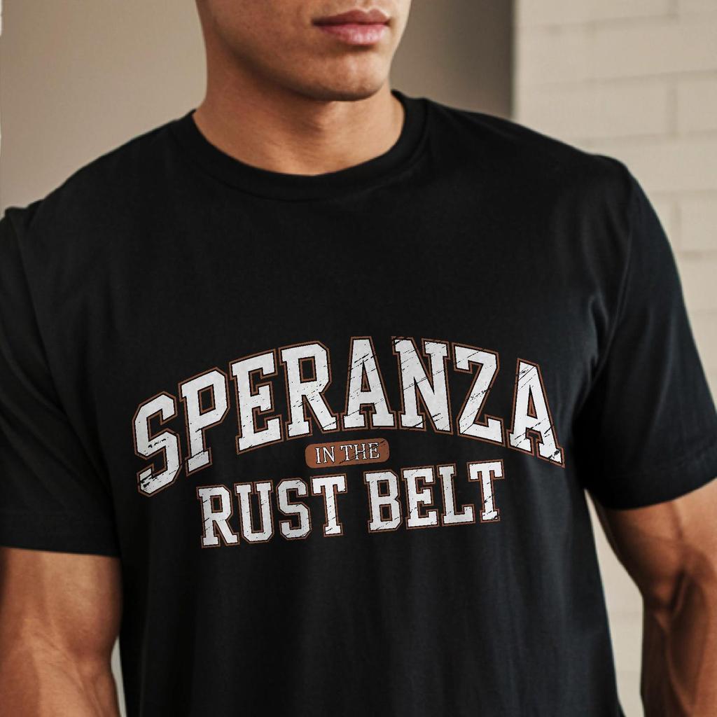 Speranza In The Rust Belt T-Shirt | Distressed Vintage Varsity Tee | Cozy Core Rustic Aesthetic | Raiders Gaming Fan ARC Apparel
