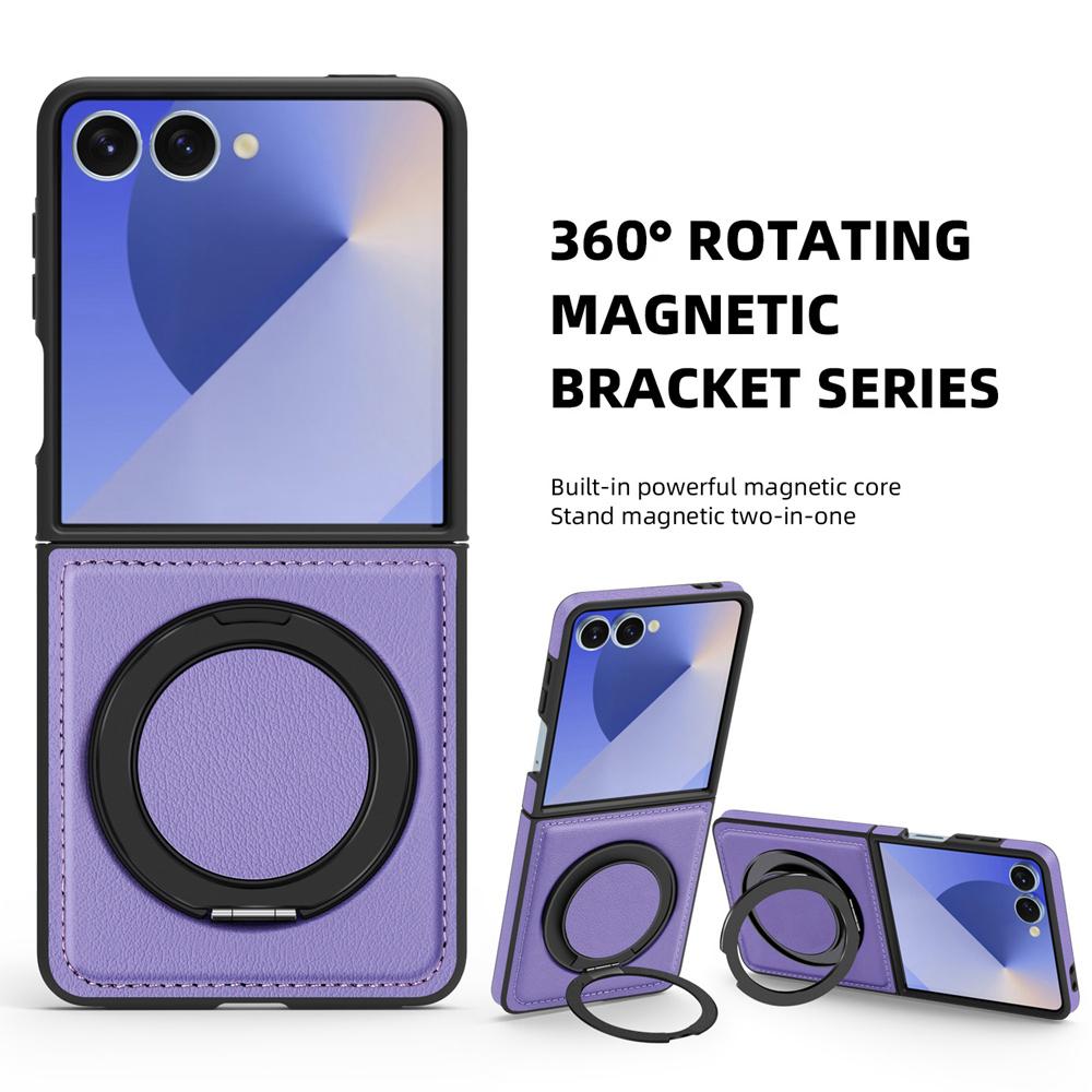 KEYSION 360° Rotating Magnetic Ring Stand PU Leather Case for MagSafe for Samsung Z Flip 7 5G 7 SE Wireless Charging Phone Cover