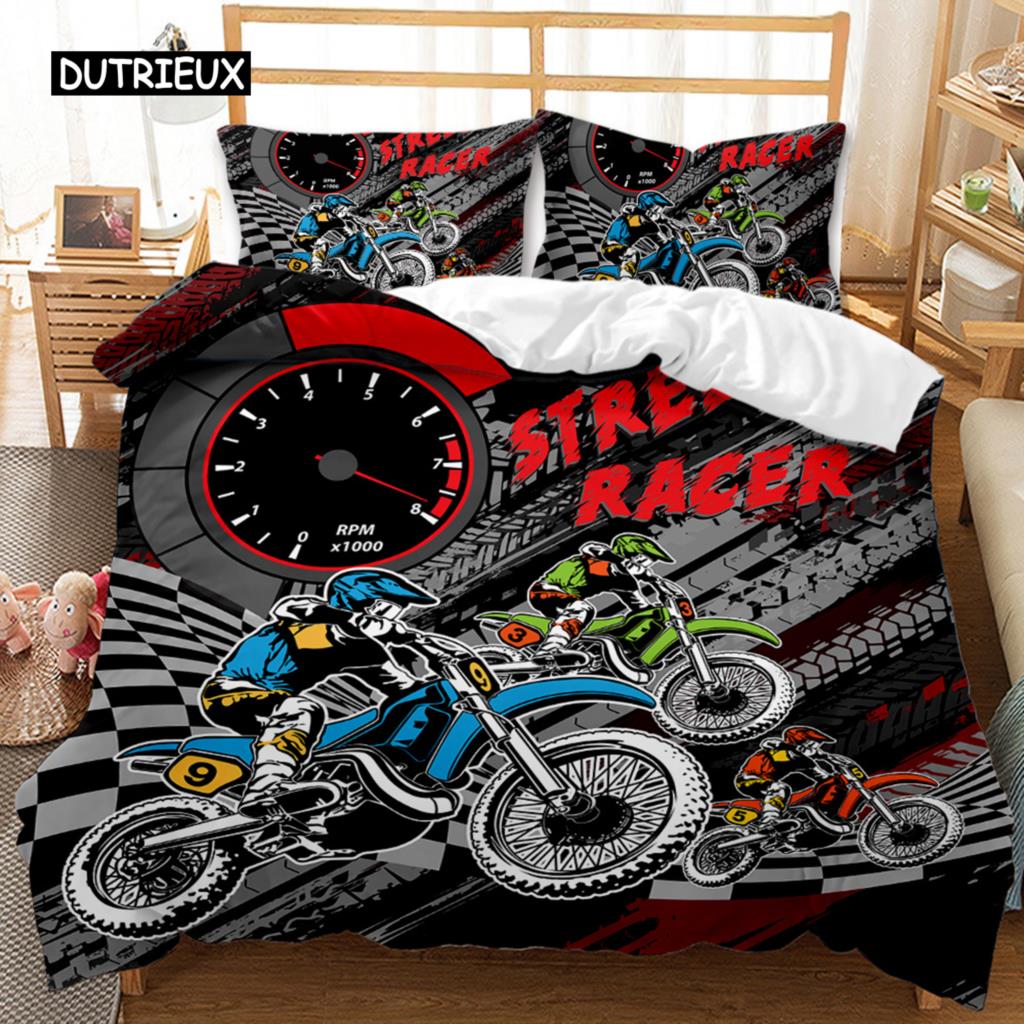 Motorbike Duvet Cover Set Motocross Rider Racing Motorcycle Dirt Bike Bedding Set Vehicles Extreme Sports Polyester Quilt Cover