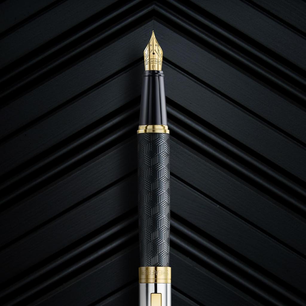 Sheaffer 300 Fountain Pen E9347 Engraved Matte Black Barrel with Polished Chrome Cap and PVD Gold Trim Fine Nib Premium Fountain Pen