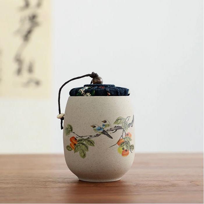 Portable Sealed Ceramic Tea Jar – Pottery Storage Canister with Plum, Orchid, Bamboo & Chrysanthemum Design