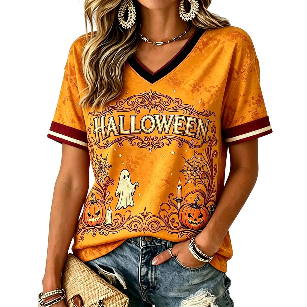Women's Casual Short Sleeve V-Neck Pullover Top with Halloween Print