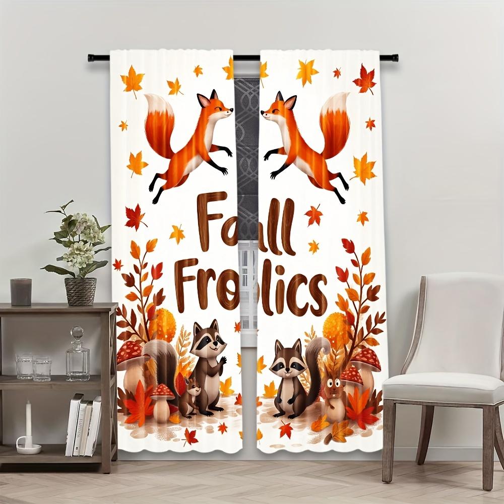 Set Of 2 Thanksgiving Fox Raccoon Cartoon Autumn Maple Leaf Curtains Polyester Semi Translucent Design Fall Fol Curtain Made With Rod Pocket