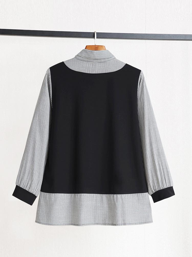 Camicia Spliced Taglie Forti: Maglia Dimagrante con Collo a Revers e Maniche Lunghe, Primavera e Autunno, Design Finto Due Pezzi - Donna 24009T