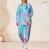 Women Plus Size V Neck Long Sleeve Printed Pocket Turquoise Scrub Set Two Piece Nursing Uniform