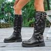 Mode Vintage Übergröße 36-42 Gürtelschnalle Ritterstiefel Damen 2025 Herbst Neu Runde Spitze Britischer Stil Botas Largas Mujer Schwarz PU