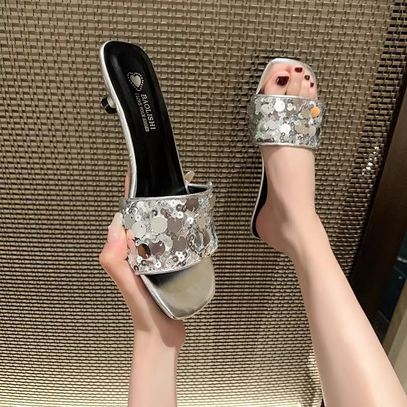 French slippers women's head low heel slippers sequined fashion one-word drag 2025 new summer casual sandals outside