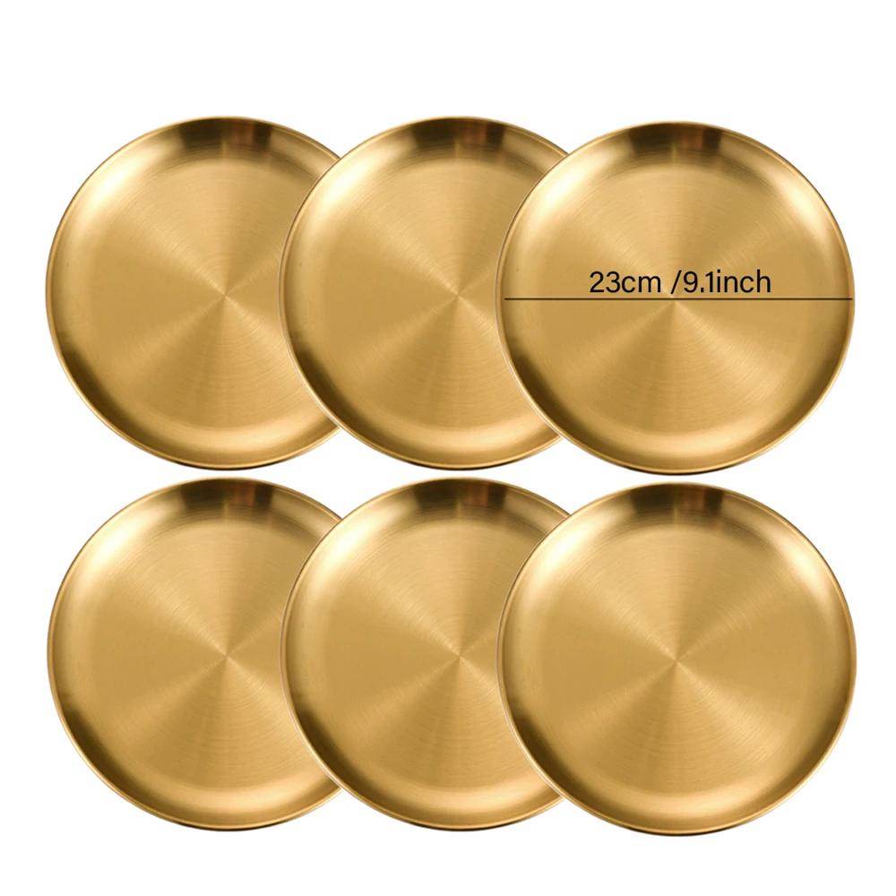 6Pcs Stainless Steel Thickened Barbecue Disc Golden Silver Cafe Tray Fruit Plate Cake Plate Bone Dish Shallow Plate