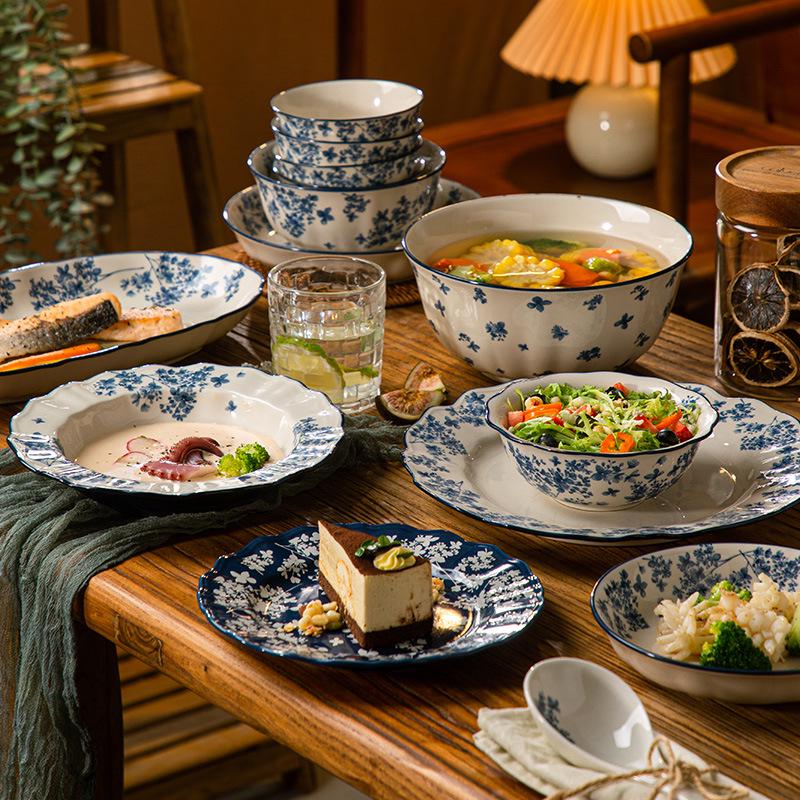 Luxury National Tide Style Ceramic Bowl & Plate Set - Underglaze Color, Ideal for Rice, Soup, and More.