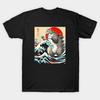 Men Black Print T-shirt Catzilla Cat Japanese No-Cut Transfer Paper Print Cotton Tshirt