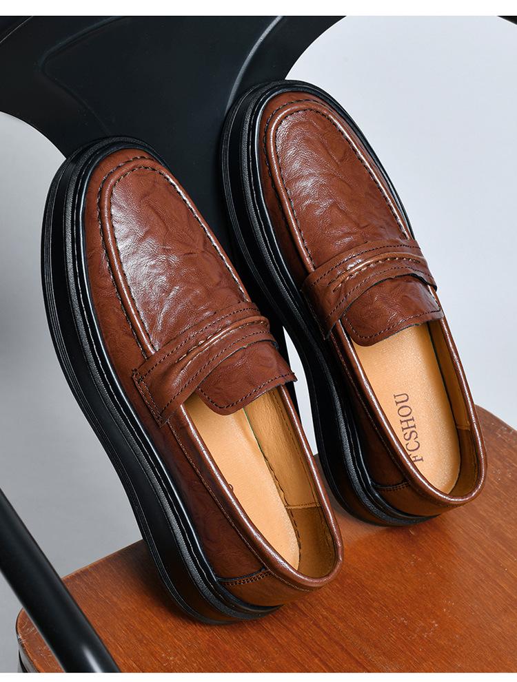 2450 Men's Slip-On Leather Loafers, Thick Sole, Casual, Low-Top, Large Size, Handmade Cowhide, Spring Shoes