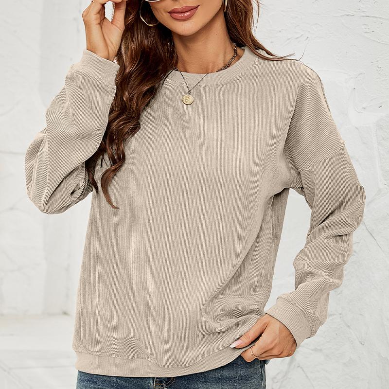 Women's Corduroy Sweatshirt Casual Round Neck Pullover Long Sleeve Top