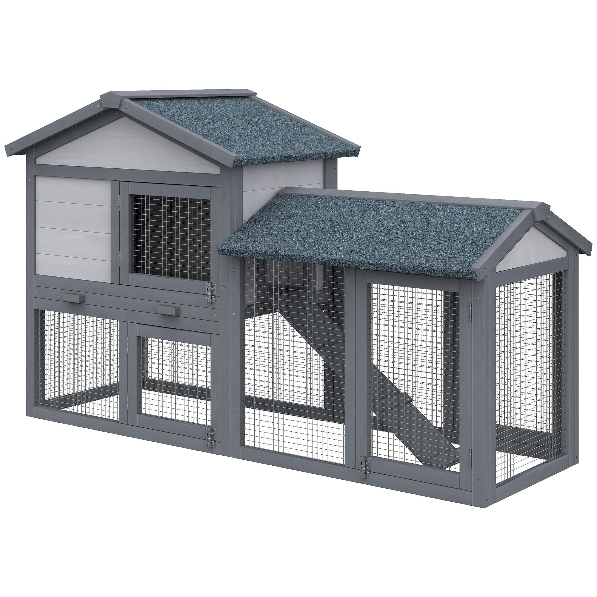 Garenne à lapins en bois pour extérieur à deux étages avec toit résistant à l'eau Rampe 147 X 54 X 84 Cm Gris