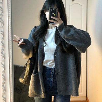 Grey Sweater Cardigan Coat Women Autumn and Winter Solid Long Sleeve Loose Outerwear Knitted Cardigan Sweater Female Top