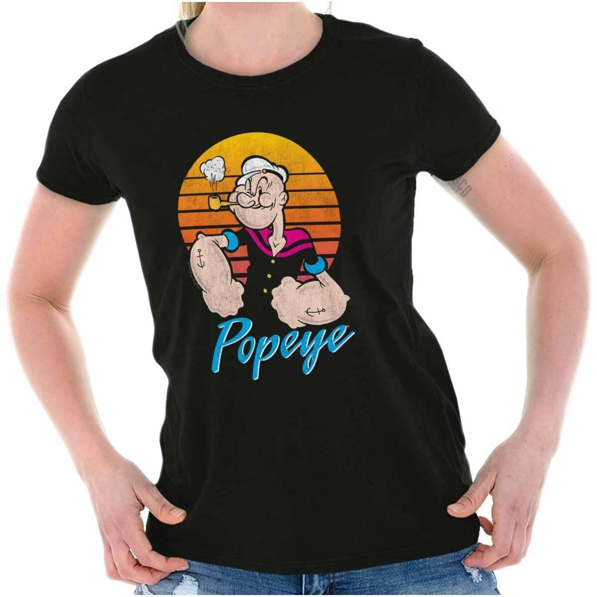 Retro Sunset Popeye The Sailor Man Cartoon Womens Top Junior Graphic Tee XL