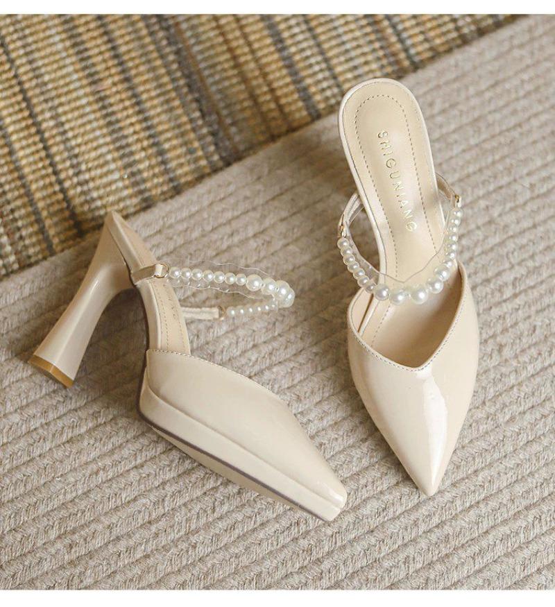 Fashion High Heel Sandals Women's 2024 Summer Simple Pointed Pearl Chain Thin High Heel Sandals Slippers Women