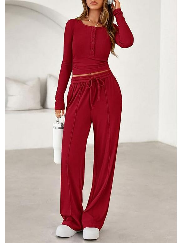 

Solid Color Pleated Button-Up Top & Elastic Waist Straight-Leg Drawstring Pants Sportswear Set for Women M