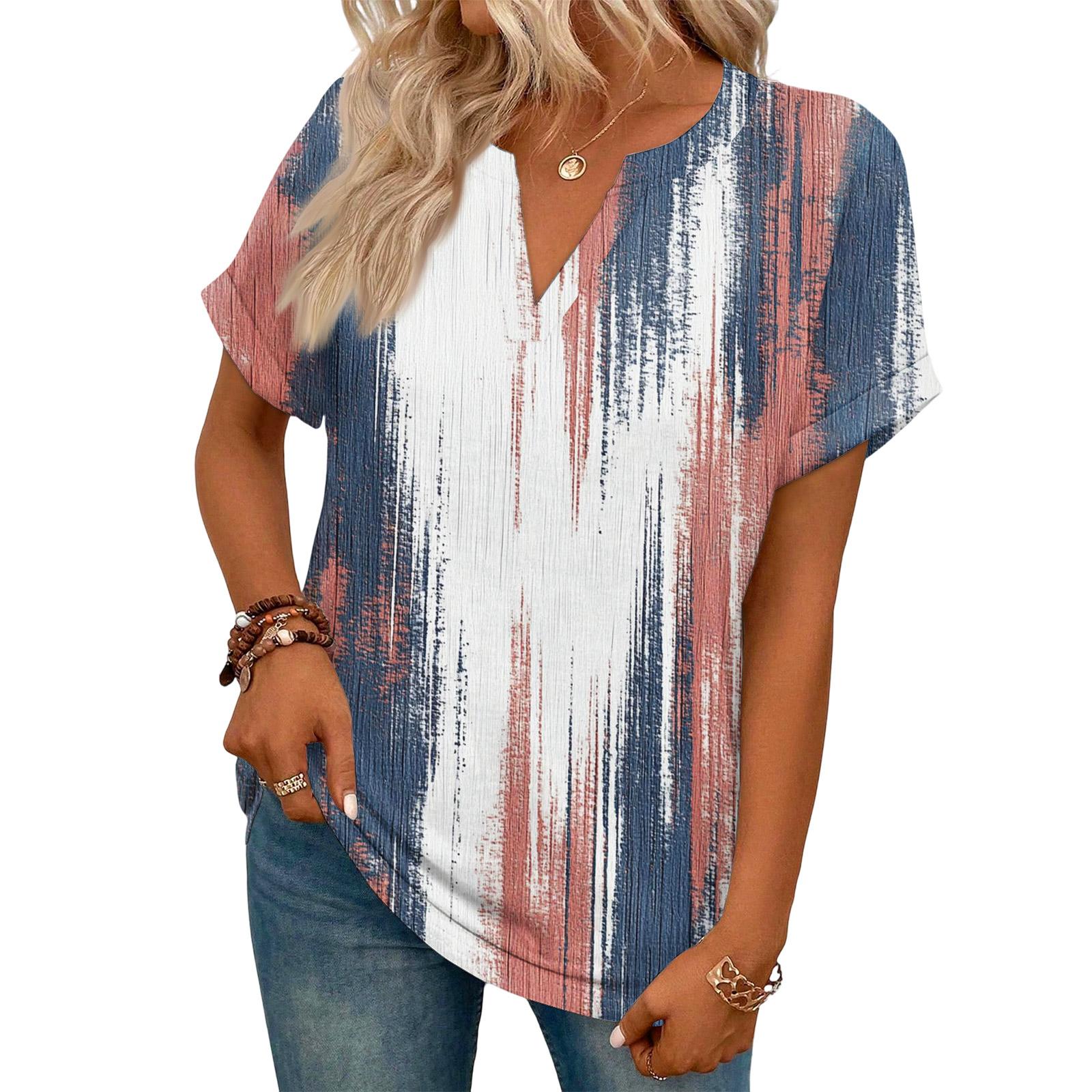 Fashionable Women s Casual V,neck Short,sleeved Retro Plaid T,shirt M