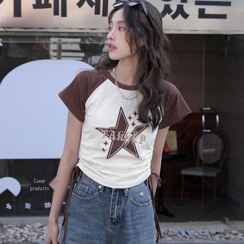 

Women s Retro Star Color Block Raglan Tee: Sweet & Spicy Lace-Up Summer Crop Top 2XL