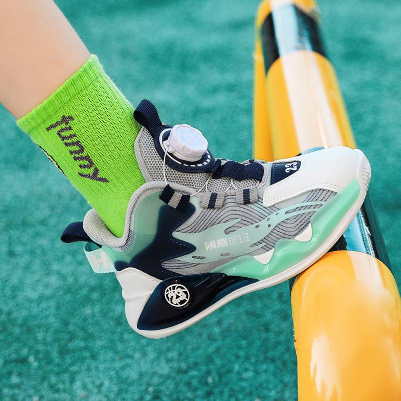 Boys' actual combat basketball shoes net surface non-slip running shoes 2024 new student rotating button sneakers