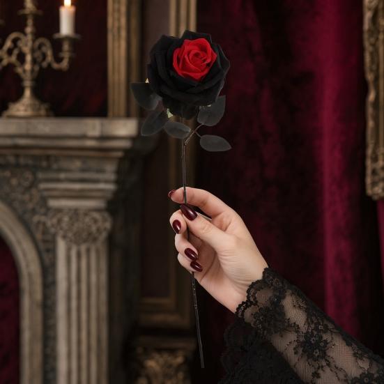 Flor de Rosa Artificial, Rosa Gótica Negra Roja de Seda Artificial con Tallo Largo para Arreglo Floral de Halloween, Centro de Mesa para Bodas en Casa