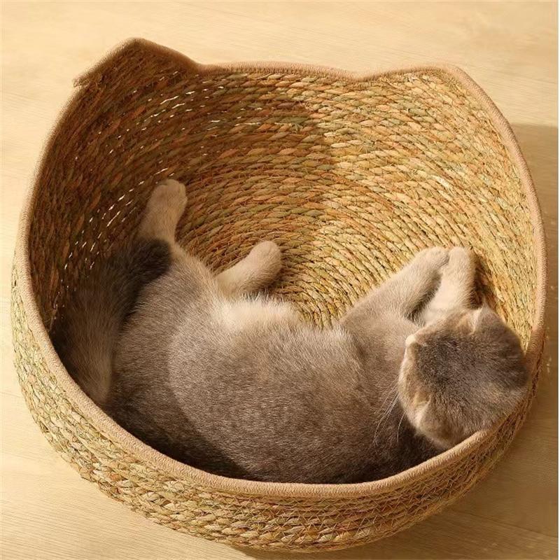 Rattan Cat Bed Scratching Board Removable Washable Woven Grass Nest All Seasons For Cats And Kittens Home Balcony Decor Gift
