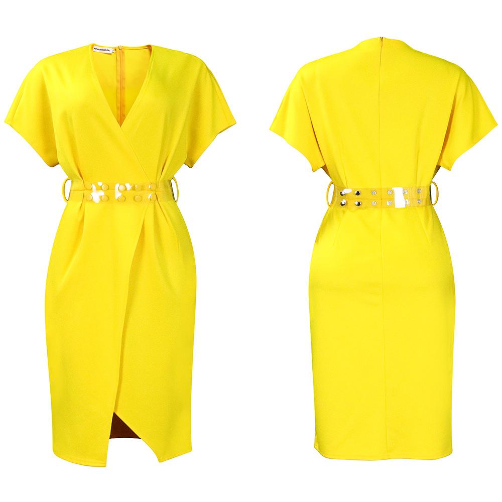 Large Size Women Summer Fashion Solid Dress Ladies Sexy One Piece V Neck Slit Dress with Belt