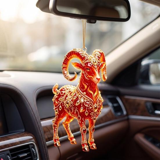 Auspicious Goat Theme Gifts 2D Acrylic Christmas Hanging Ornament, 3.15 Inch Farm Animal Xmas Tree Holiday Car Interior Decor Decoration for Rear View