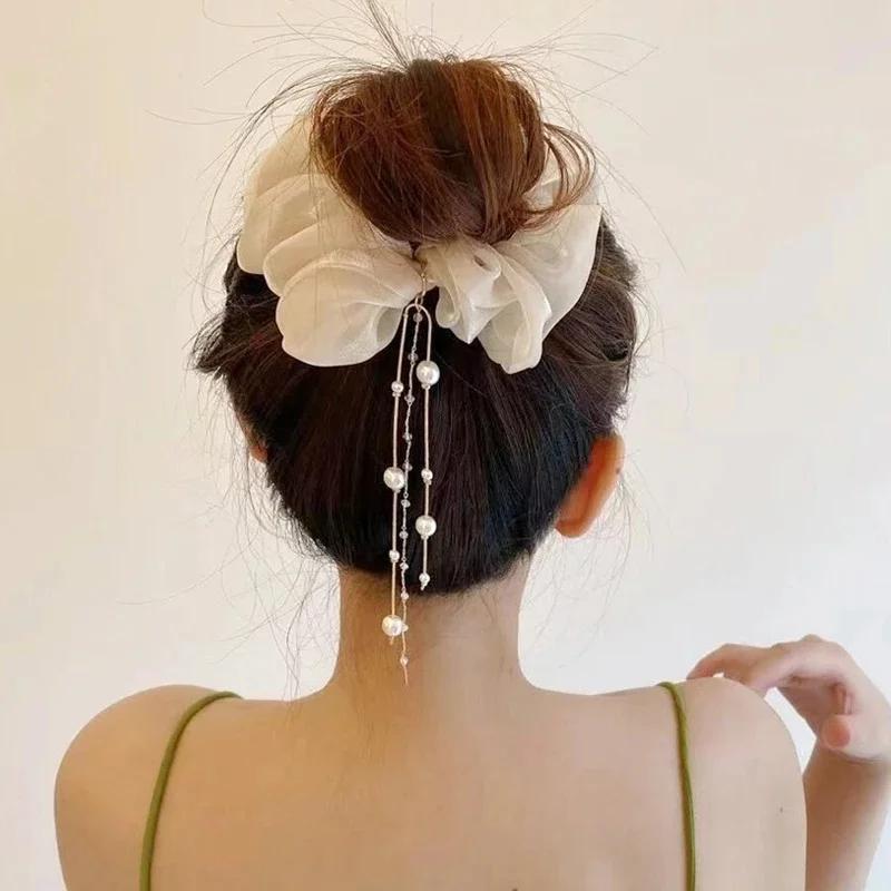Women Fashion Elastic Scrunchie Hair Ties Tassel Pearl Women Elegant Hair Bands Ponytail Holder Hair Accessories Headwear Gifts