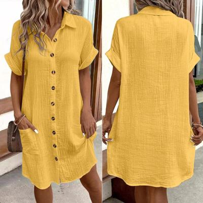 Vestido de verano para mujer, holgado, de un solo pecho, corto, de color, con mangas de parche, suelto, liso, cuello vuelto, bolsillo, largo hasta la rodilla