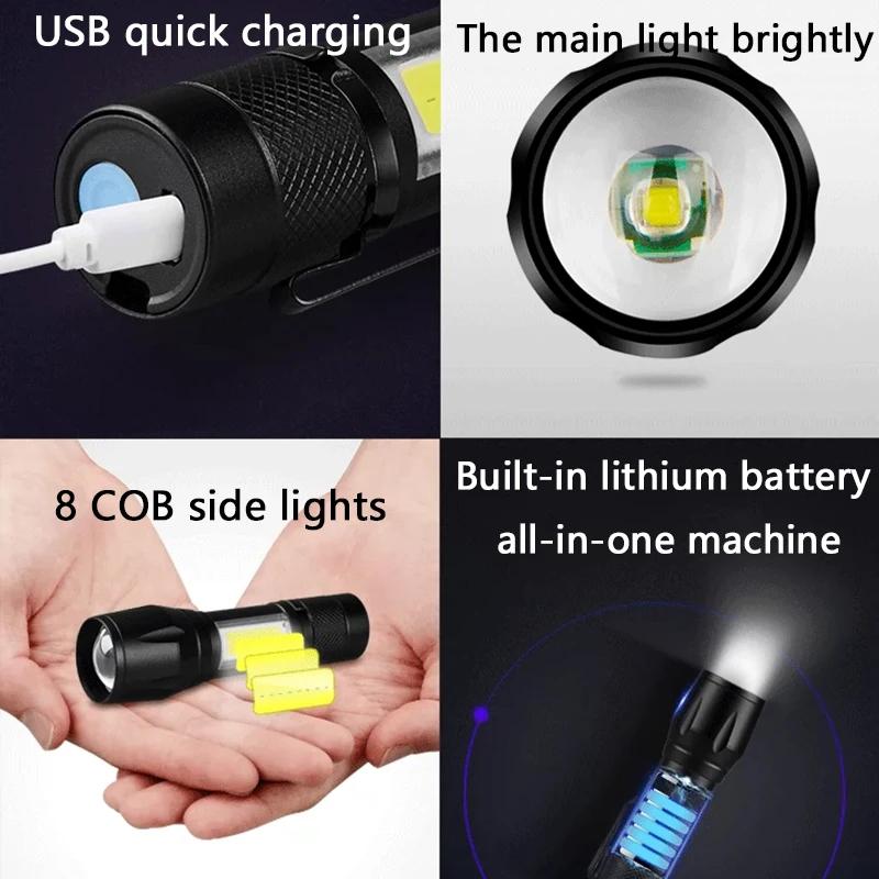 Mini Portable  Flashlight LED+COB Fishing Torch Zoomable Focus Light Rechargeable Tactical Lamp Camping Hiking Emergency Lantern