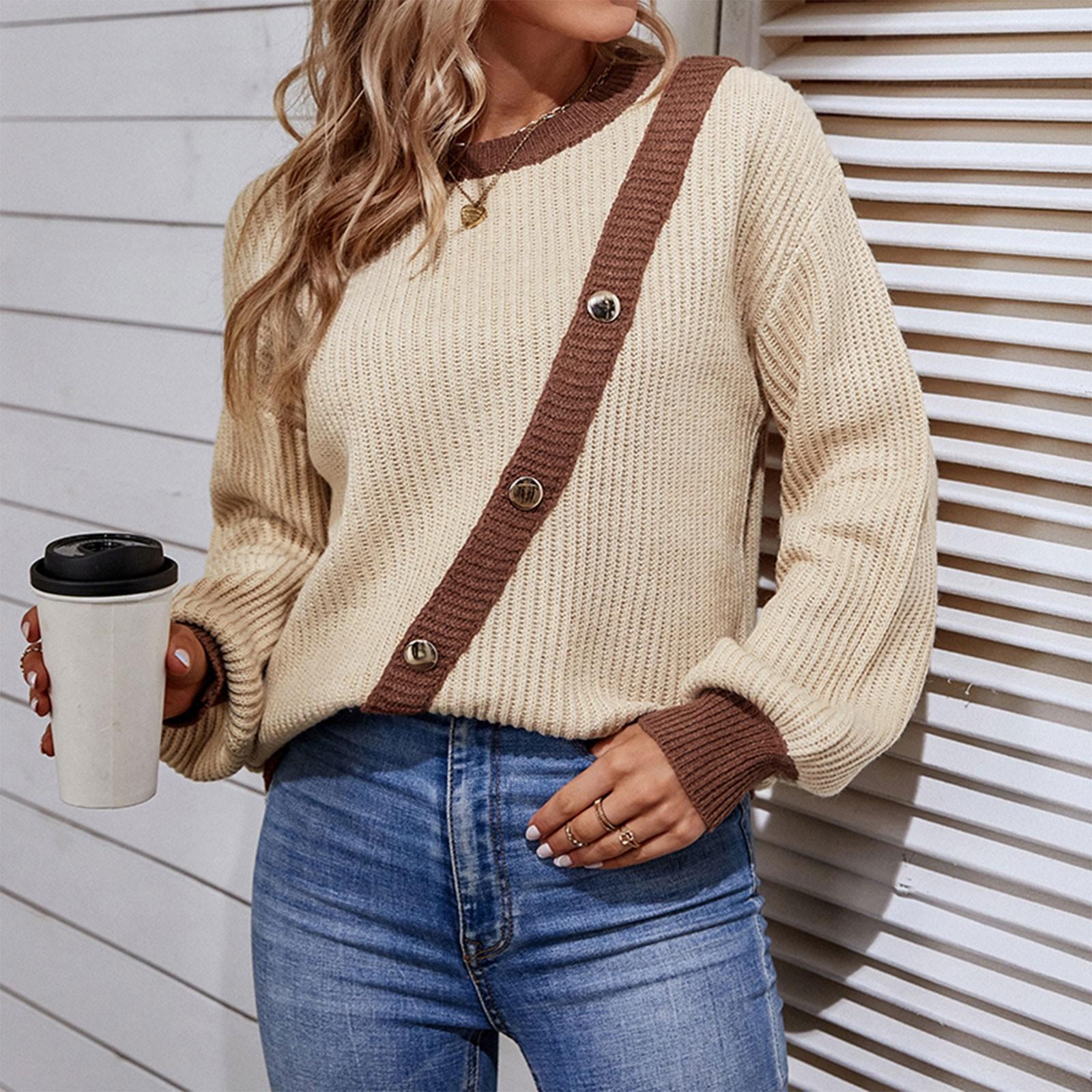 Женский и зимний пуловер с контрастными цветами на пуговицах с круглым вырезом вязаный свитер с рукавами XL 2474₽