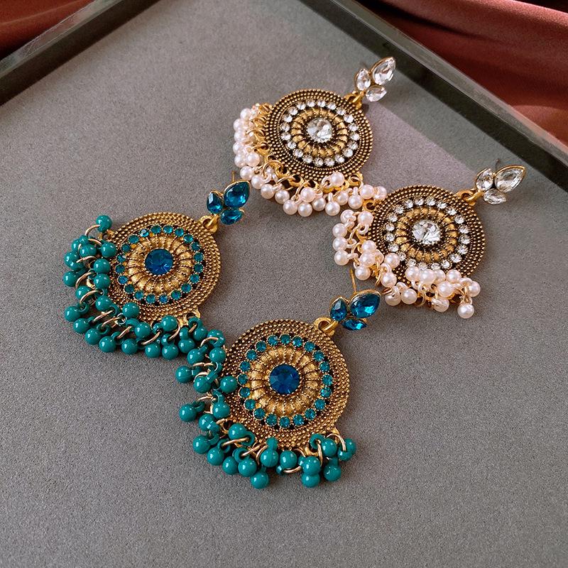 Vintage Bohemian Rhinestone & Faux Pearl Tassel Earrings