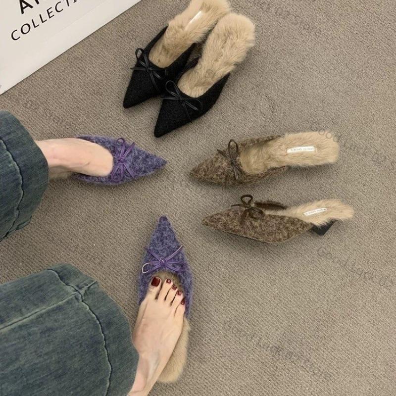 Fashion 2025 High Heel Plush Slides Woman Fashion Elegant Pointed Toe Lamb Hair Slippers Ladies Luxury Plush Evening Party Pump Shoes