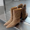 Mode 2025 Herbst Winter Neuer Trend Naturkuhveloursleder Retro Damen Schuhe Mittelhohe Stiefel Braun Mittelhoher Absatz Klobige Absätze Eckige Zehenstiefel