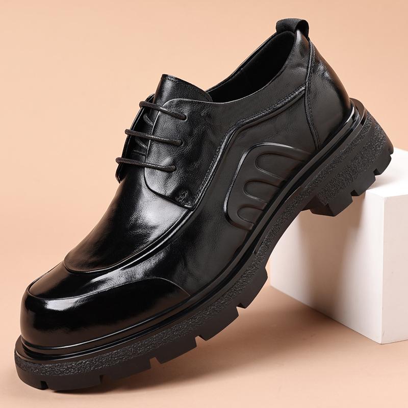 Top Layer Cowhide New Men's Formal Business Leather Shoes High-end Light Luxury Big Head Thick Soled Men's Shoes Trendy Lace Up Single Shoes