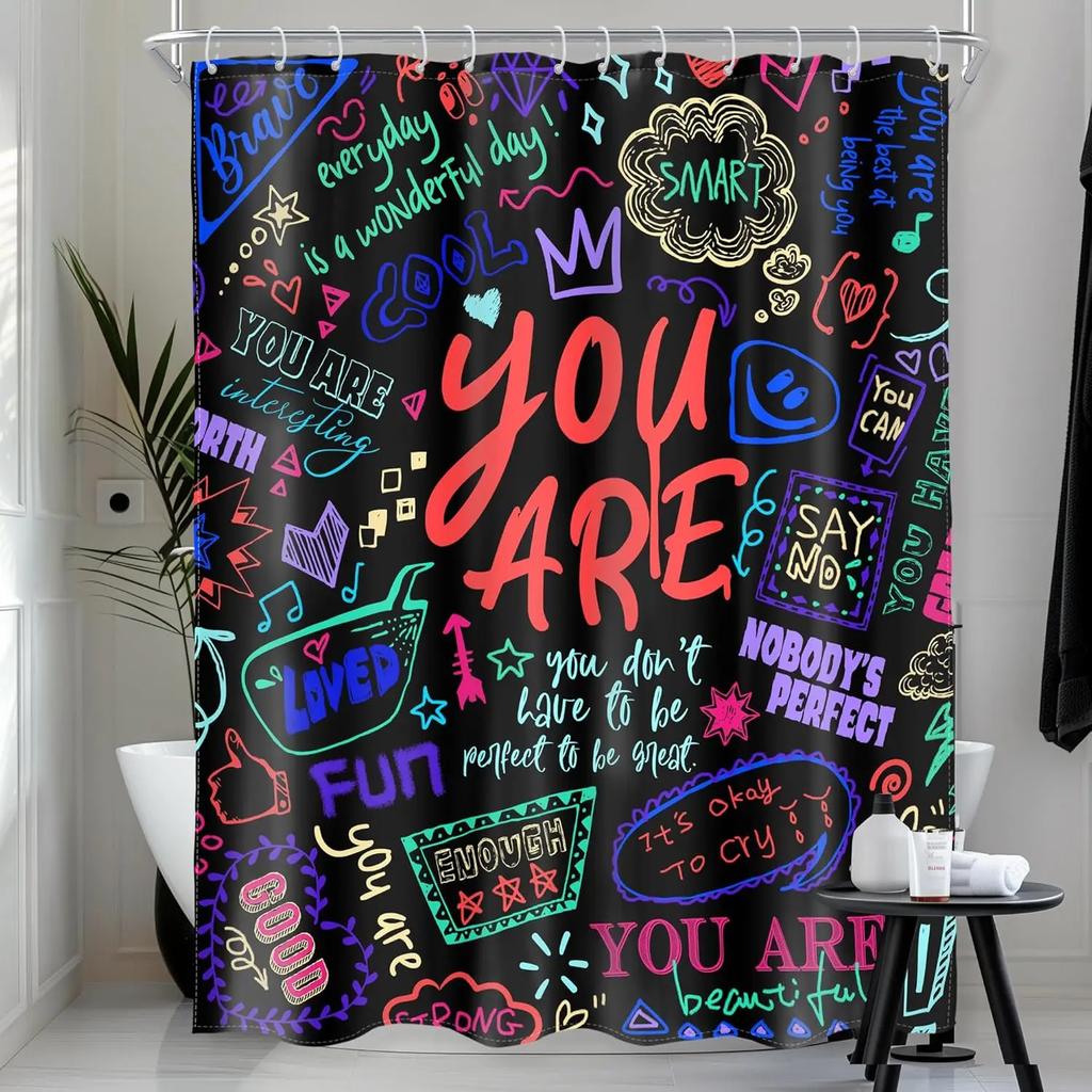 Kids Positive Quotes Shower Curtain Pink Neon Cute Funny Abstract Graffiti Girls Girly Teens You are Artwork Cloth  Waterproof