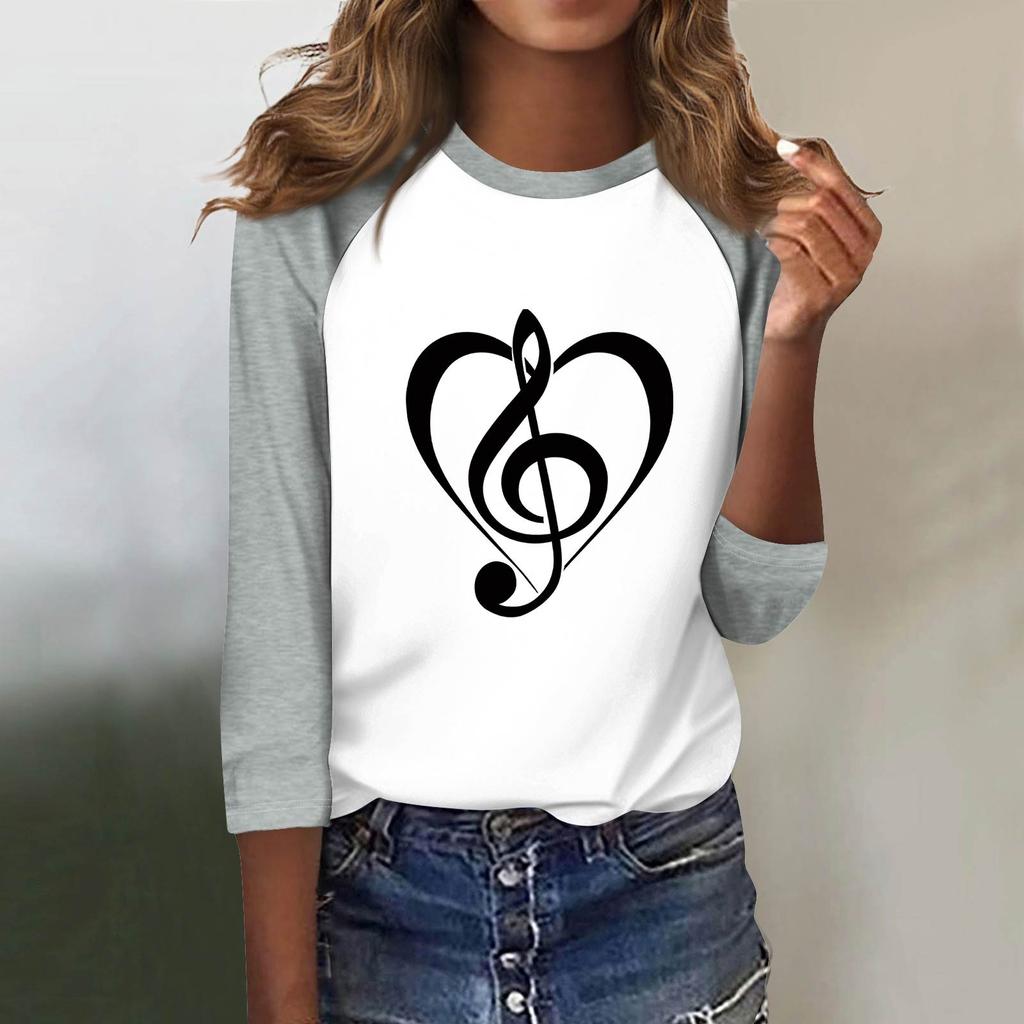 Damenmode Lässiges T-Shirt O-Ausschnitt Siebenärmel Bedrucktes Knopf-Top