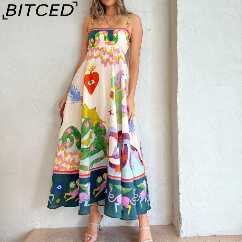 BITCED Spring/Summer Casual Maxi Dress for Women Spaghetti Strap Printed Linen 9 Colors Full-Skirted Dress