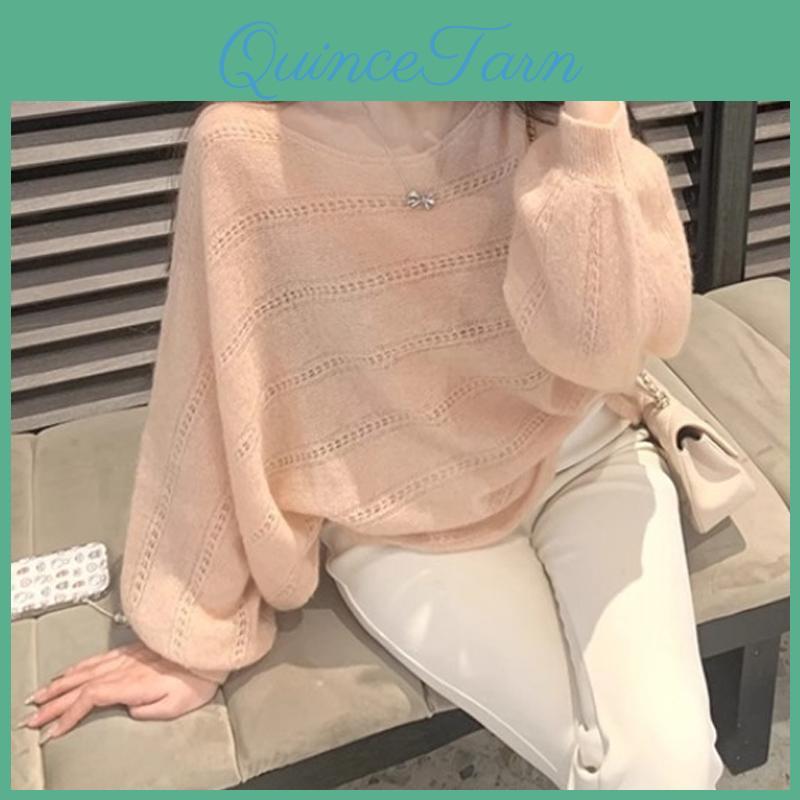 Crew Fashion Loose Neck New Hollow Out Sweater Autumn New Lantern Sleeve Knitted Office Casual Knitwear Top Thin Simple Clothing