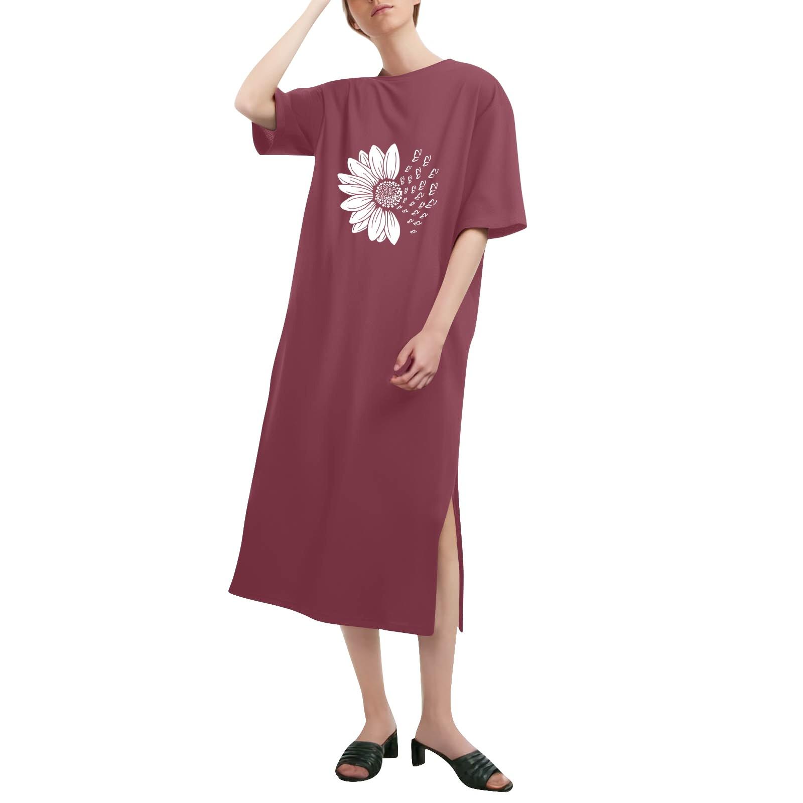 

Цветочный принт свободная рубашка с коротким рукавом и круглым вырезом длинная модная повседневная рубашка платья XXL розовый