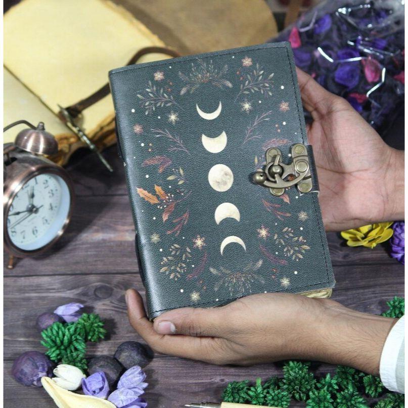 Moon Phases Leather Journal: Antique Deckle Edge Paper Grimoire