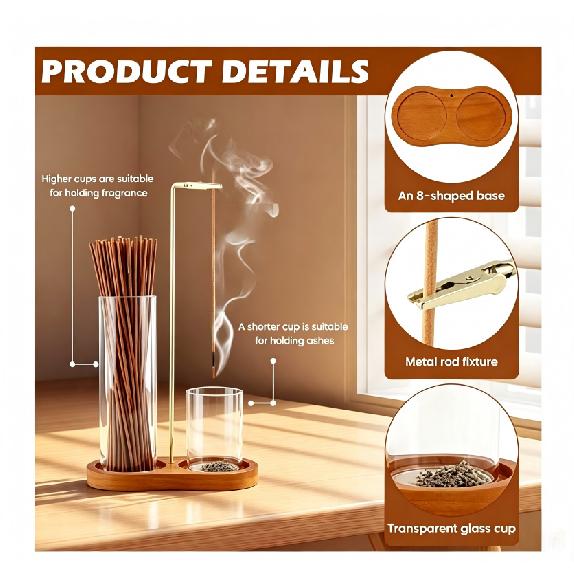 5pcs-Minimalist Glass Incense Holder Transparent Creative Incense Holder Wooden Base Zen Style Glass Ash Catcher Practice 7
