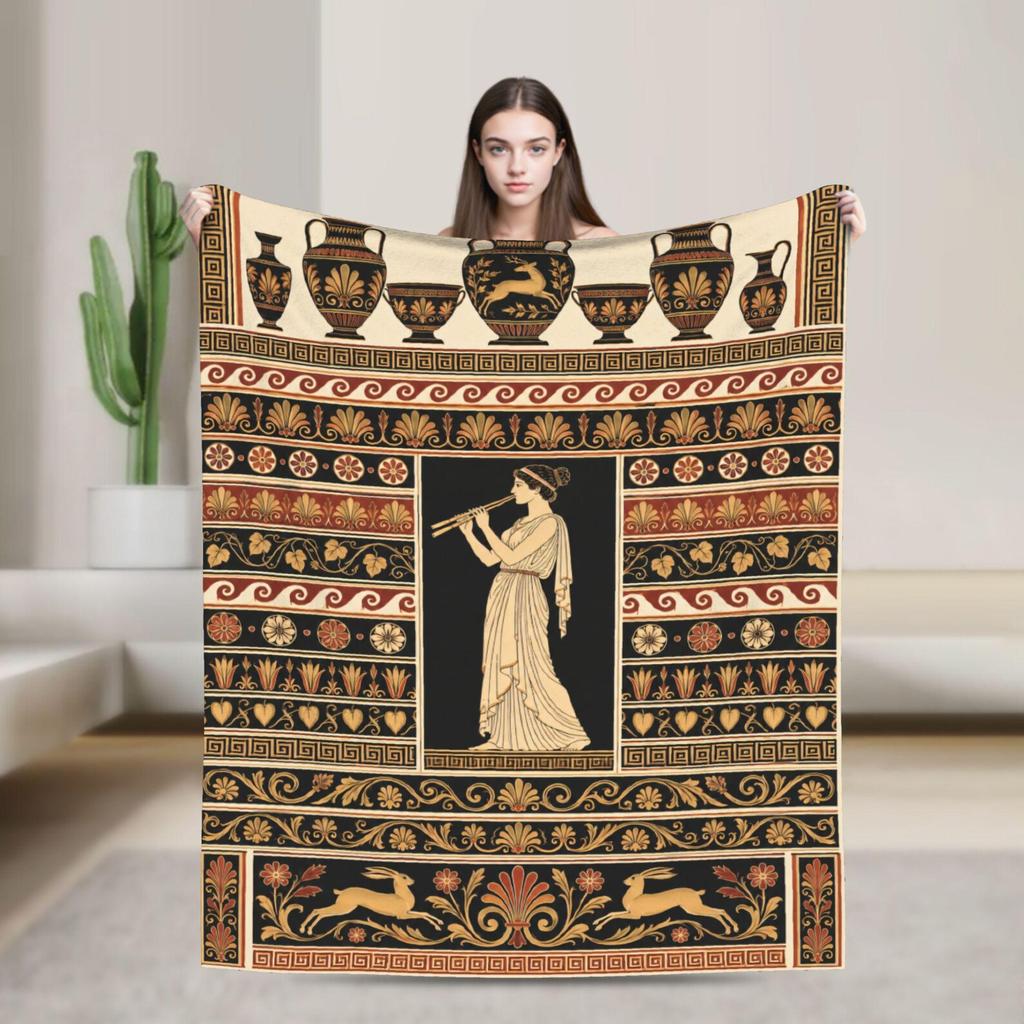 Ancient Greek Pottery Fleece Blanket, Flute Maiden, Black-Figure Art Throw