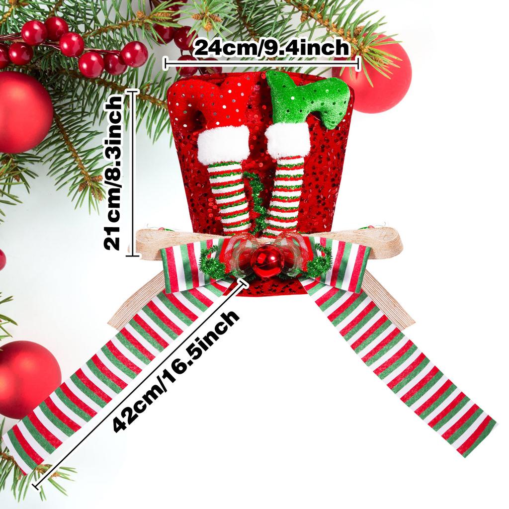 Christmas Elf Leg Tree Topper, Red Green Striped Bow Hat, Artificial Xmas Decoration Ornaments Party, Home Gift