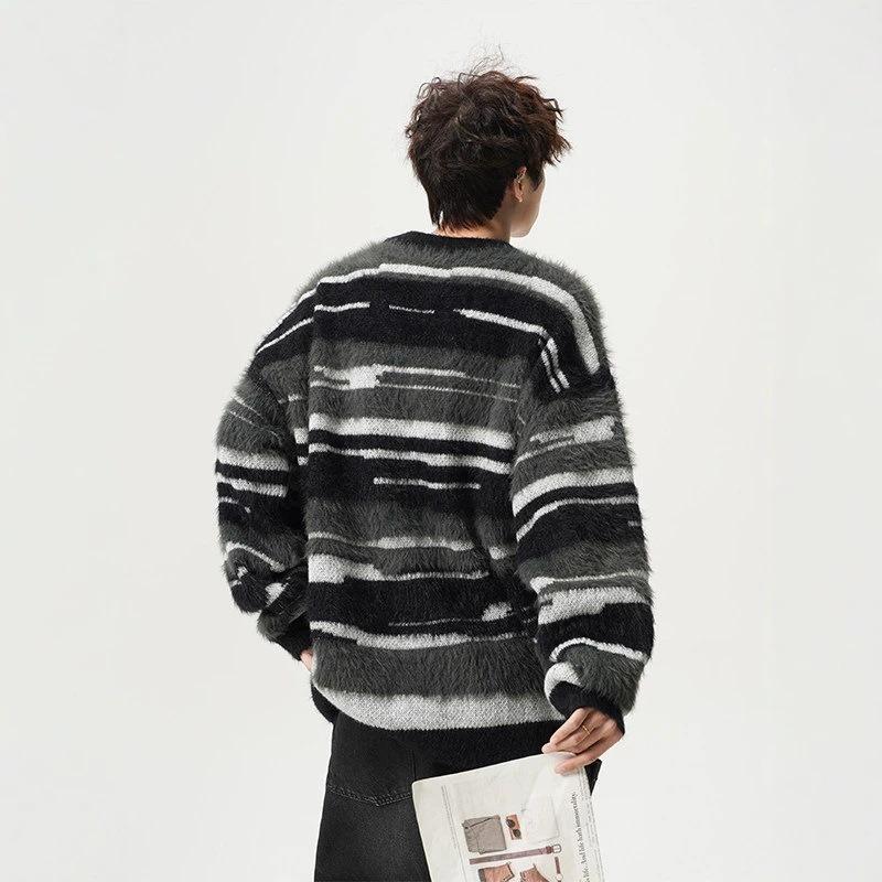 Loose Fit Striped Crew Neck Long Sleeve Couple Sweater For Men Women