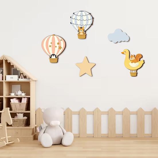 5 Pcs Hot Air Balloon Wall Art with Star Cloud Cartoon Animal Wooden Balloon Nursery Decor Boho Wall Sculpture for Living Room Bedroom Playroom