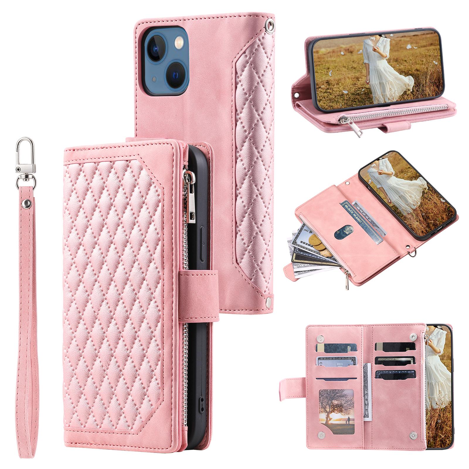 

For iPhone 15 Anti-Dust PU Leather Phone Case Rhombus Texture Zipper Wallet Cover with Strap Rose Gold