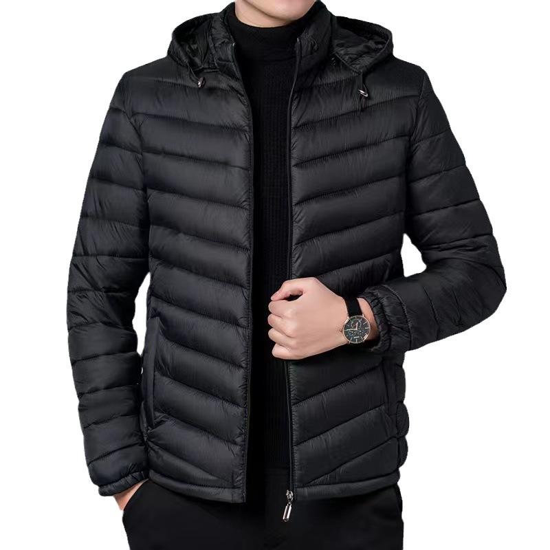 Leichte Daunen-Baumwolljacke für Herren, kurzer Stehkragen, warme Baumwolljacke mit Kapuze für große Jugend-Männer, lässiger Herbst- und Wintermantel